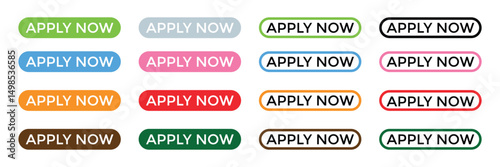 Apply Now Button Icon Set, with Hand Cursor Click – 3D and Flat Vector Styles.