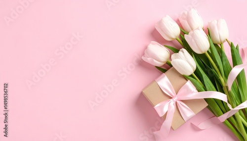Bouquet of white tulips tied with pink ribbon beside a wrapped gift box on pastel pink background. Overhead view suggests a gift-giving scene perfect for celebrations.