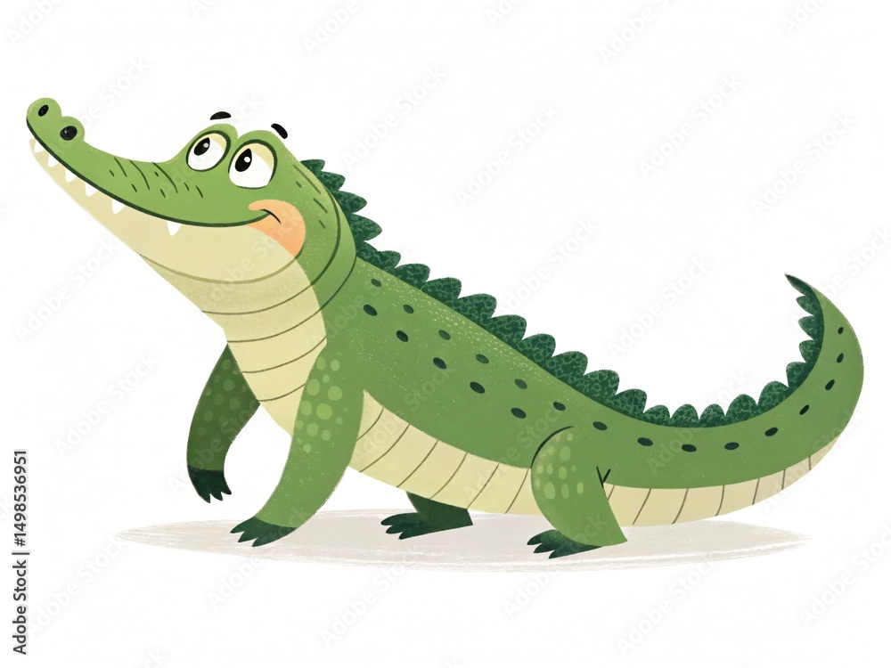 Naklejka premium Adorable Cartoon Crocodile Illustration Friendly Reptile Character Design Green Croc Wildlife Art