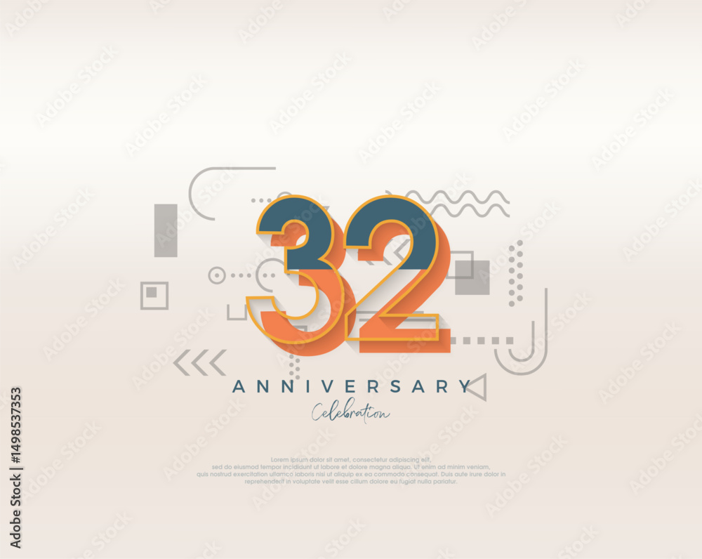 Naklejka premium Modern cartoon design. simple for 32nd anniversary celebration. Premium vector for poster, banner, celebration greeting.
