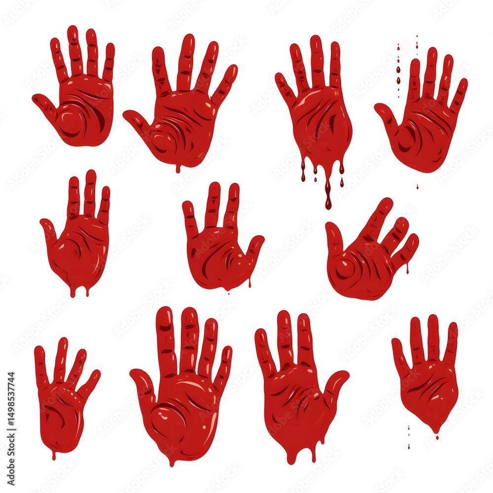 Fototapeta premium Collection of Various Blood Handprint Illustrations for Forensic Science and Halloween Designs