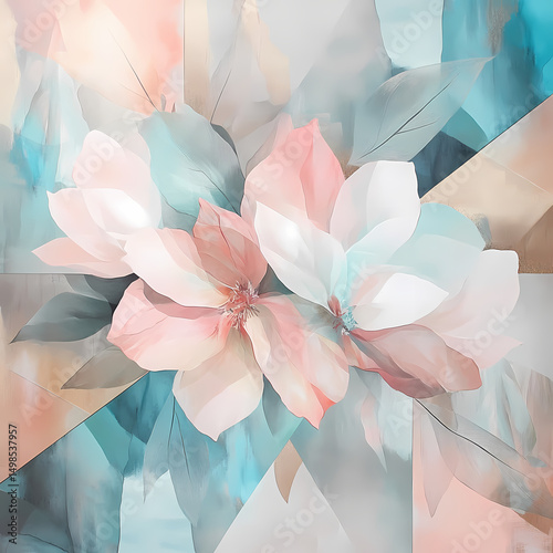 Abstract Floral and Geometric Background in Turquoise and Coral