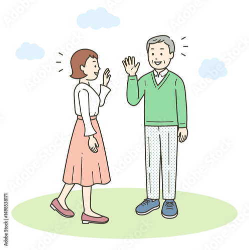 屋外で高齢男性と若い女性が会って挨拶をかわすイラスト
