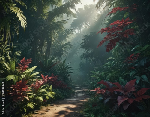 Deep jungle foliage, vibrant emerald & burgundy hues, dramatic shadows, tropical, jungle