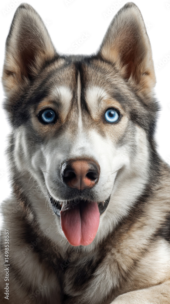 Fototapeta premium Husky Portrait: A stunning portrait of a majestic husky with piercing blue eyes and a captivating gaze. It's a true representation of loyalty and the beauty of nature.