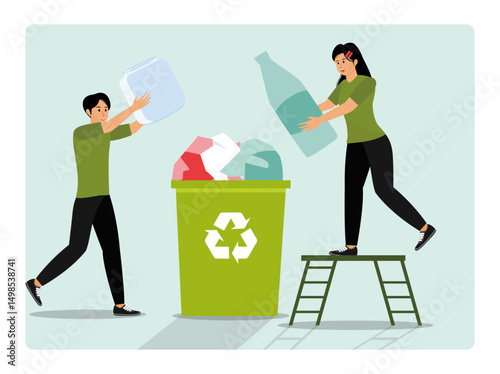 Recycling Plastic Items into a Green Recycling Bin concept