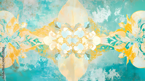 Abstract Floral and Geometric Background in Blue and Yellow