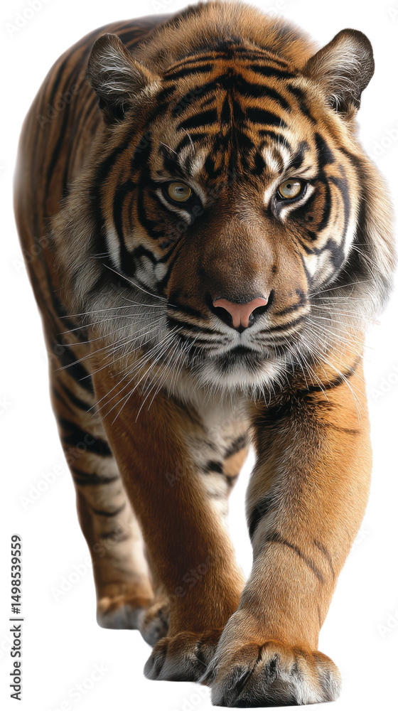 Obraz premium Majestic Tiger Strolling Towards Camera: A strikingly vivid image of a fierce tiger striding confidently towards the camera, a symbol of strength, agility, and the untamed beauty of the wild.