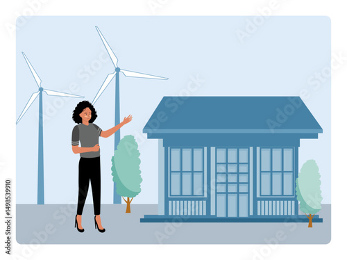 House with solar energy panel and windmills with a Professional Presenter.