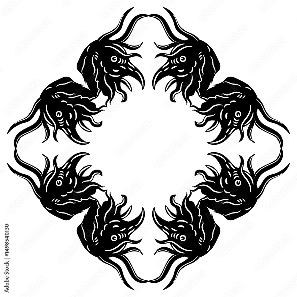 Obraz premium Geometrical frame with heads of fantastic demons or monsters. Medieval European illuminated manuscript design. Black and white silhouette.