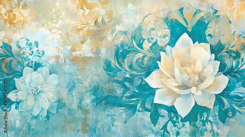 Teal Blue and White Abstract Floral and Geometric Background