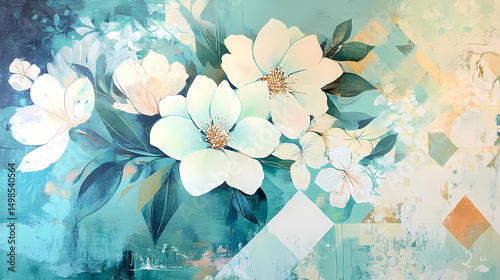 Teal Blue and White Abstract Floral and Geometric Background