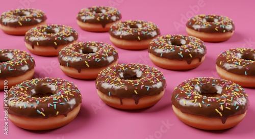 Chocolate frosted donuts with sprinkles arranged on a pink surface