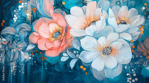Abstract Floral and Geometric Background in Turquoise and Coral