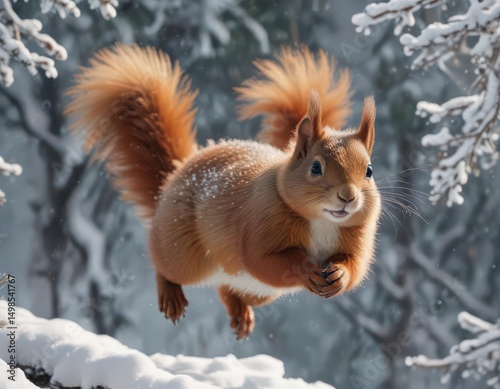 Fluffy red squirrel leaps through snowy branches, winter wonderland, wildlife, natural, wild animal