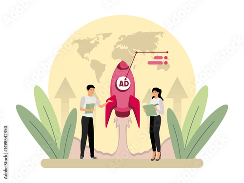Launch AD Campaigns Concept. Marketers celebrate the kickoff of a dynamic ad campaign.