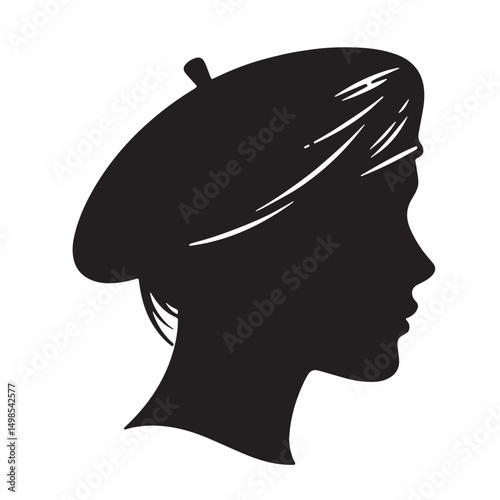 Black Color Beret Silhouette Vector Illustration, Solid White Background. minimal vector design