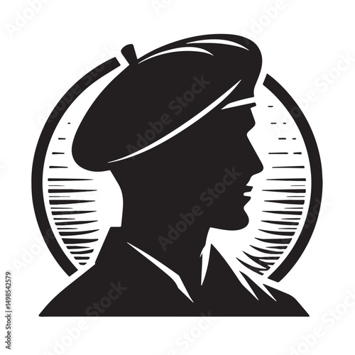 Black Color Beret Silhouette Vector Illustration, Solid White Background. minimal vector design