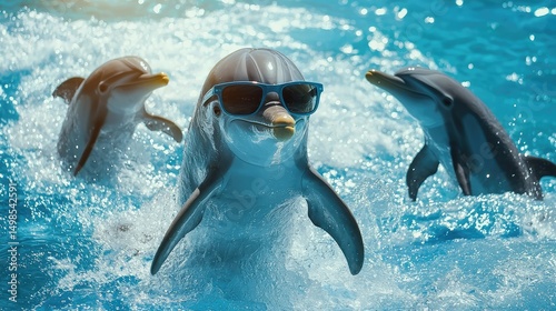 A cool dolphin in sunglasses, riding the waves with a group of other dolphins.