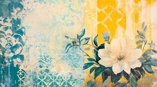 Abstract Floral and Geometric Background in Blue and Yellow