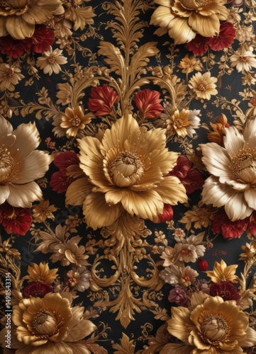 Opulent floral wallpaper; gold leaf, intricate blooms, rich colors, royal design, element, flower, vintage