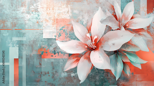 Abstract Floral and Geometric Background in Turquoise and Coral