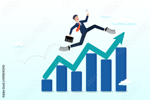 Businessman leap forward jump over growth rising graph, leap forward, business change or transform to success winning, jump high challenge or progress to achievement, courage to move forward concept
