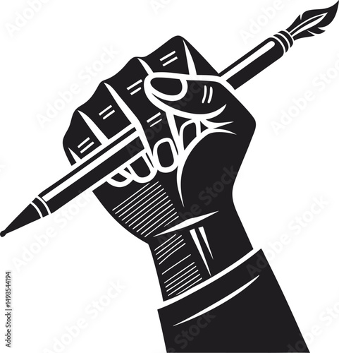 A powerful, abstract hand gripping a pen, symbolizing creativity and expression.