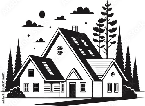 Stylized black and white illustration of a cozy house surrounded by trees.