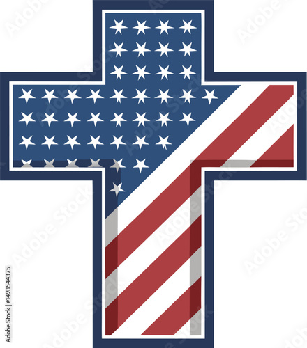 A unique cross design featuring the American flag colors and patterns.