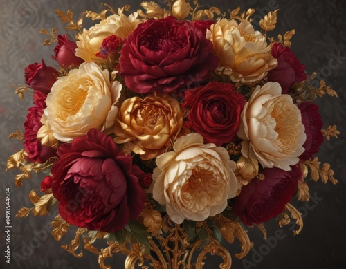 Opulent rose & peony bouquet, deep crimson & gold, baroque swirls, baroque, royal, gold