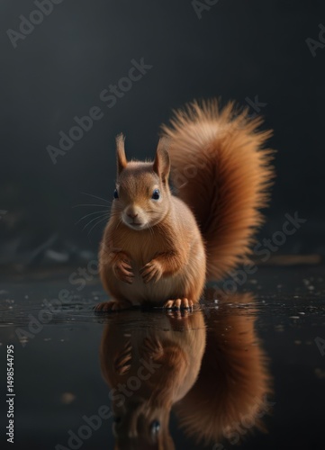 Red squirrel's reflection in dark glass, sharp detail,  glass,  image
