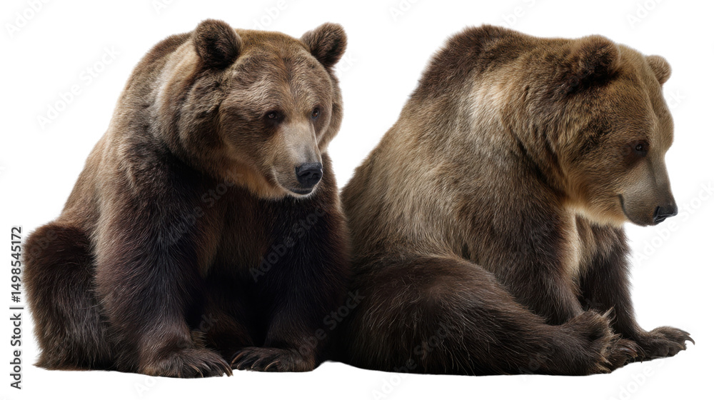 Obraz premium Pair of Majestic Bears: Two magnificent brown bears sit side by side, showcasing their impressive size and the rugged beauty of the wilderness. This image captures the essence of wild.