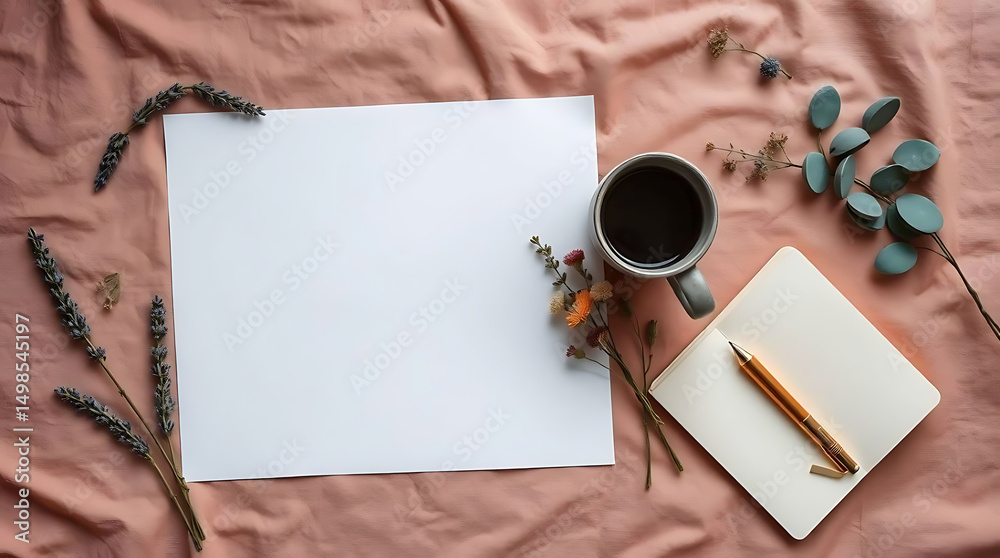 Obraz premium Blank Paper with Coffee and Pen on Bed