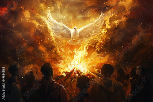 Pentecost. The descent of the Holy Spirit on the followers. People in front of a burning fire with white dove above them. Digital painting
