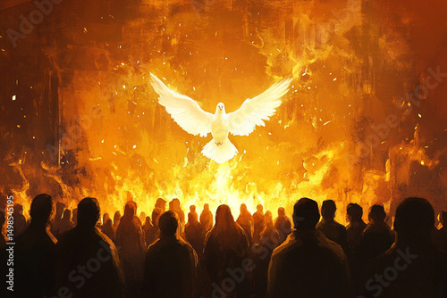 Pentecost. The descent of the Holy Spirit on the followers. People in front of a burning fire with white dove above them. Digital painting