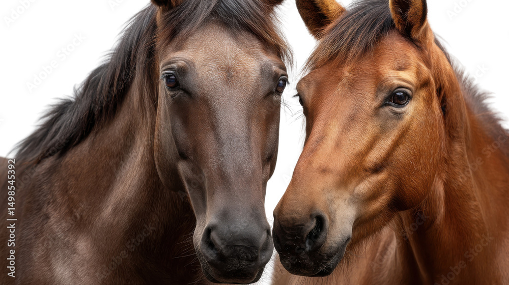 Obraz premium Harmony of Equine Companionship: Two majestic horses, showcasing their unique coats and gentle gaze, stand side by side in a moment of profound connection and natural beauty.
