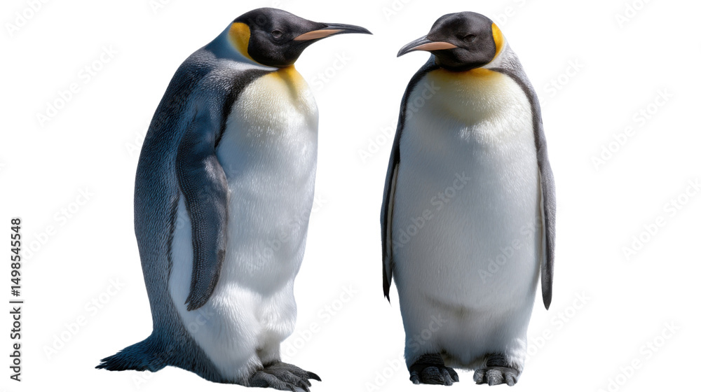 Fototapeta premium Elegant Penguin Duo: Two king penguins, captured in a photorealistic shot, standing with dignified presence and displaying the distinctive charm of their species.