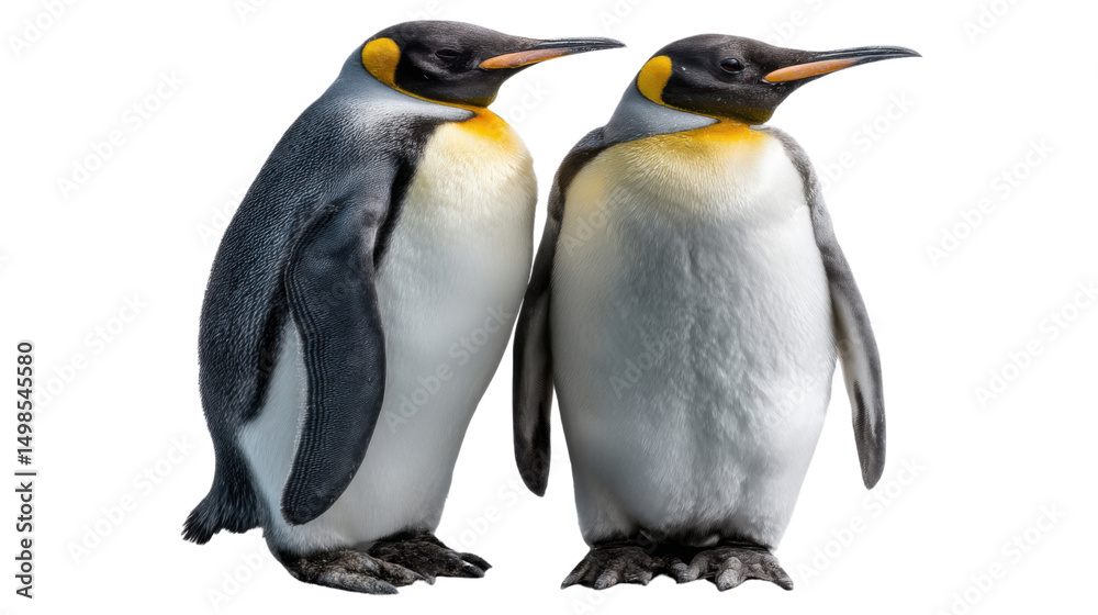 Fototapeta premium Emperor Penguin Duo: Two majestic Emperor Penguins stand side by side, a heartwarming display of companionship and Antarctic survival. These charming birds are set against a bright backdrop.