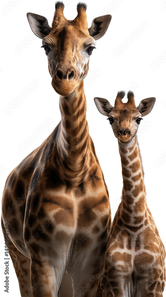 Fototapeta premium Giraffe Family Portrait: A majestic giraffe and its endearing calf stand side by side, their patterned coats and elongated necks showcasing nature's unique design.