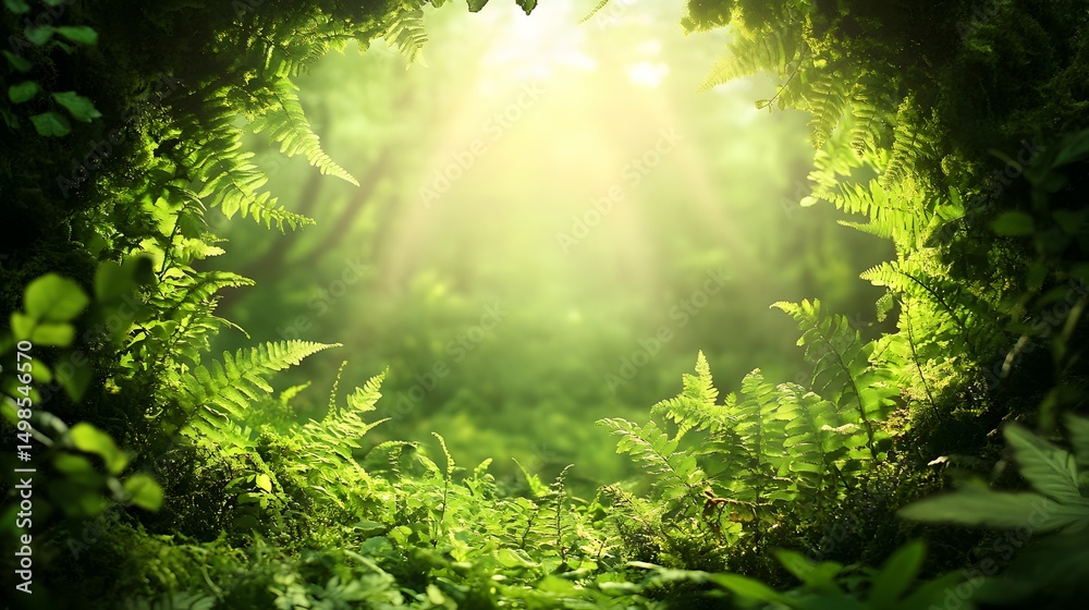 Fototapeta premium Sunlight filtering through a lush forest.