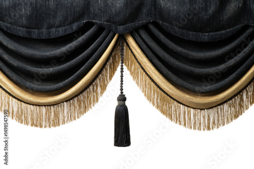 Luxurious black and gold curtain with elegant tassel and fringe details, cut out