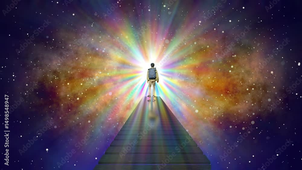 Silhouette of a person standing on the edge of a bridge facing the abstract galaxy sky