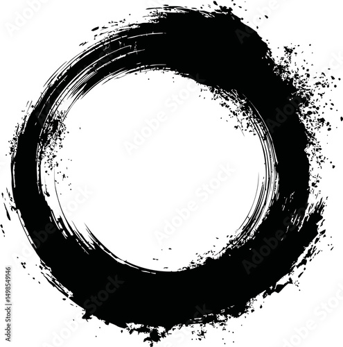 Zen enso circle with black ink brush strokes symbolizing enlightenment. Vector illustration
