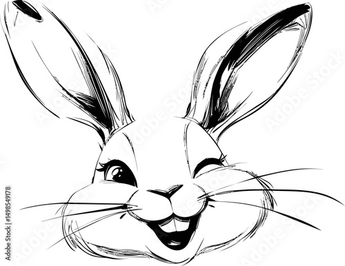 Smiling bunny head sketch with one eye winking in black and white illustration. Vector illustration
