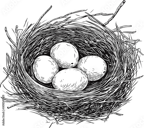 Detailed black and white illustration of a bird's nest with eggs, line art design. Vector illustration