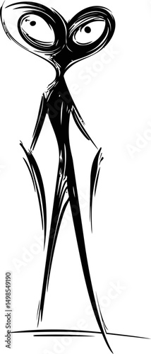 Abstract black and white alien figure sketched with large eyes in vector style. Vector illustration