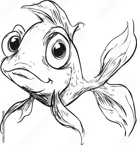 Line art of expressive fish with large eyes in monochrome illustration. Vector illustration