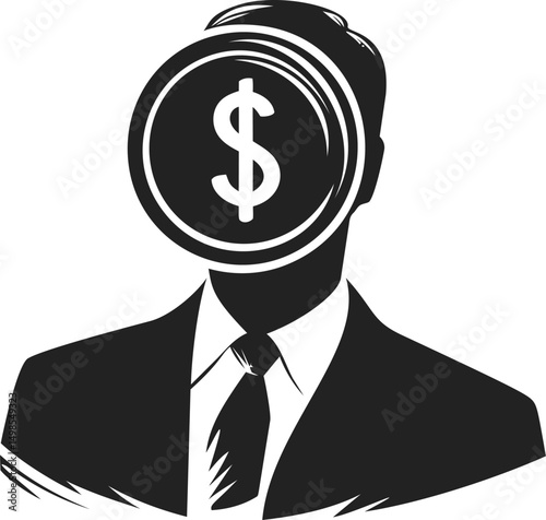 Silhouette of businessman with dollar symbol head in black and white illustration. Vector illustration