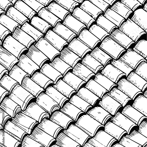 Illustration of overlapping roof tiles in black and white with sketch details. Vector illustration